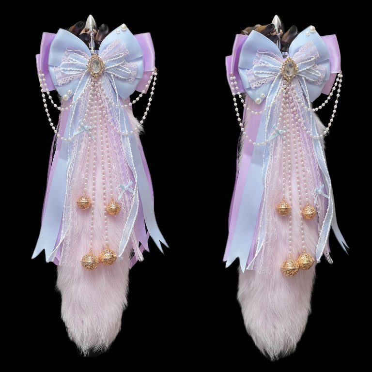40CM light purple fox real fur tail butt plug removable smsex toys handmade bow Palace Bell