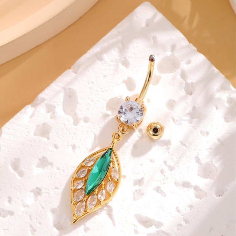 New Shining Zircon Green Leaf Navel Nail High Temperament Navel Jewelry Green Leaf Navel Nail Pack - Image 4