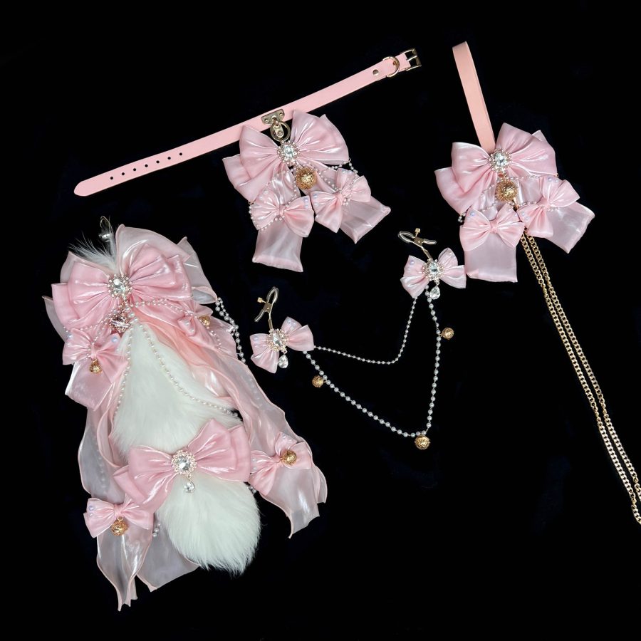 Smsex toys cow leather collar traction training fox tail butt plug pink satin bow nipple clamp chest necklace