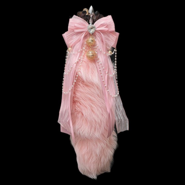 40CM peach powder fox real hair tail SM sex toys anal plug detachable hand made cute bow bell - Image 6