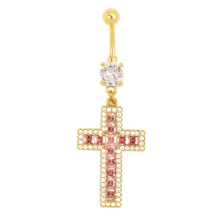 Amazon cross Diamond-embedded navel buckle body piercing pink copper zircon jewelry fashion personality navel nail