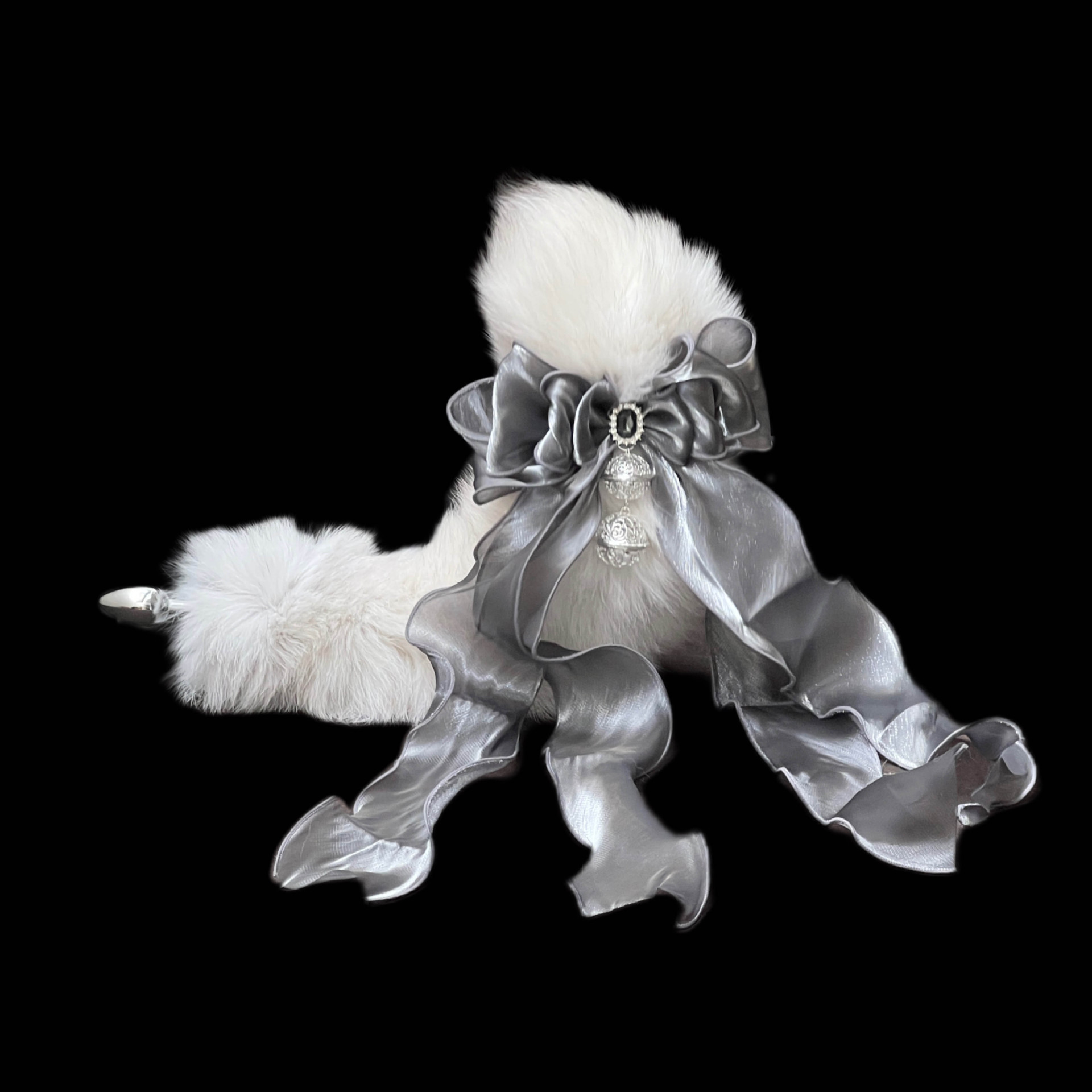 Original hand-made bow palace bell SM sex toys back anus plug 40CM silver gray fox real fur tail