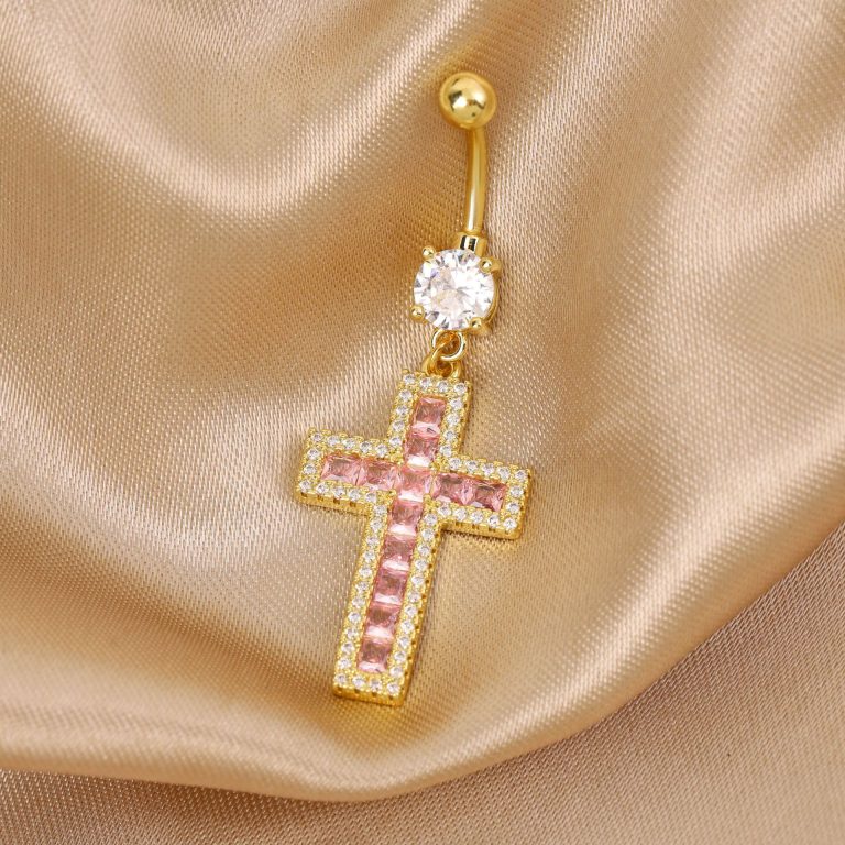 Amazon cross Diamond-embedded navel buckle body piercing pink copper zircon jewelry fashion personality navel nail - Image 7