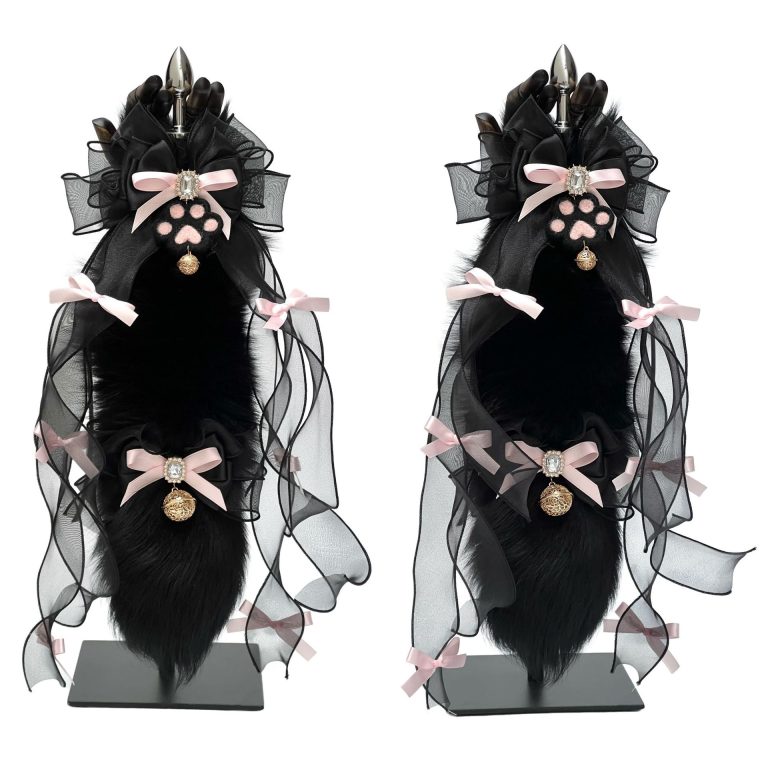 Midnight sweetheart 40CM Black Fox real fur tail butt plug smsex toys handmade bow Palace Bell