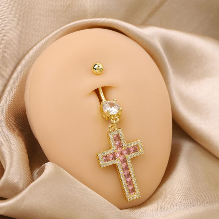 Amazon cross Diamond-embedded navel buckle body piercing pink copper zircon jewelry fashion personality navel nail - Image 5