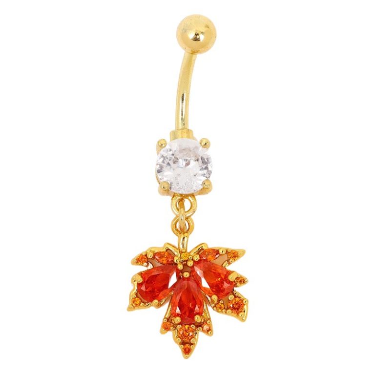In stock red maple leaf navel buckle retro niche high-grade temperament exquisite navel nail copper white stone inlaid navel jewelry wholesale