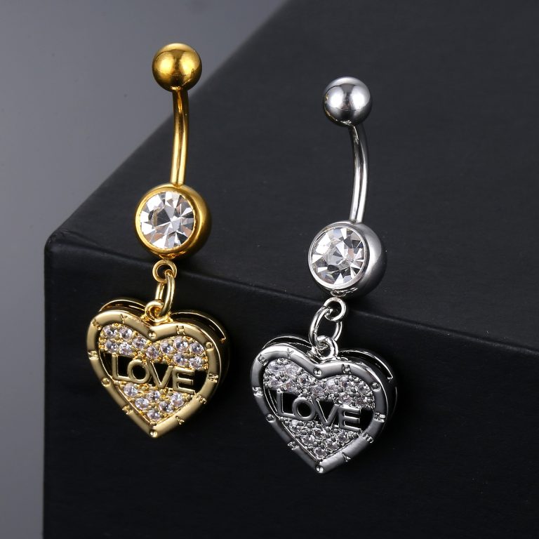 Amazon  European and American 3A zircon inlaid zircon Heart-Shaped LOVE navel nail women's body Thorn navel ring - Image 5