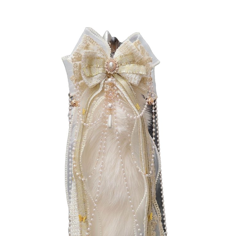 40CM milk white fox real wool tail butt plug smsex toys hand made retro bow bell ring shell pearls - Image 5