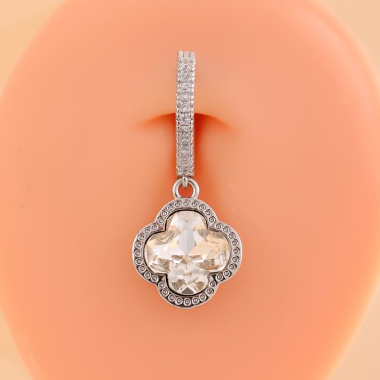 Light Luxury Korean Style Sweet Elegant High-grade Sense Delicate Four-leaf Clover Pendant Navel Ring Copper Micro-inlaid Zircon Navel Buckle - Image 4