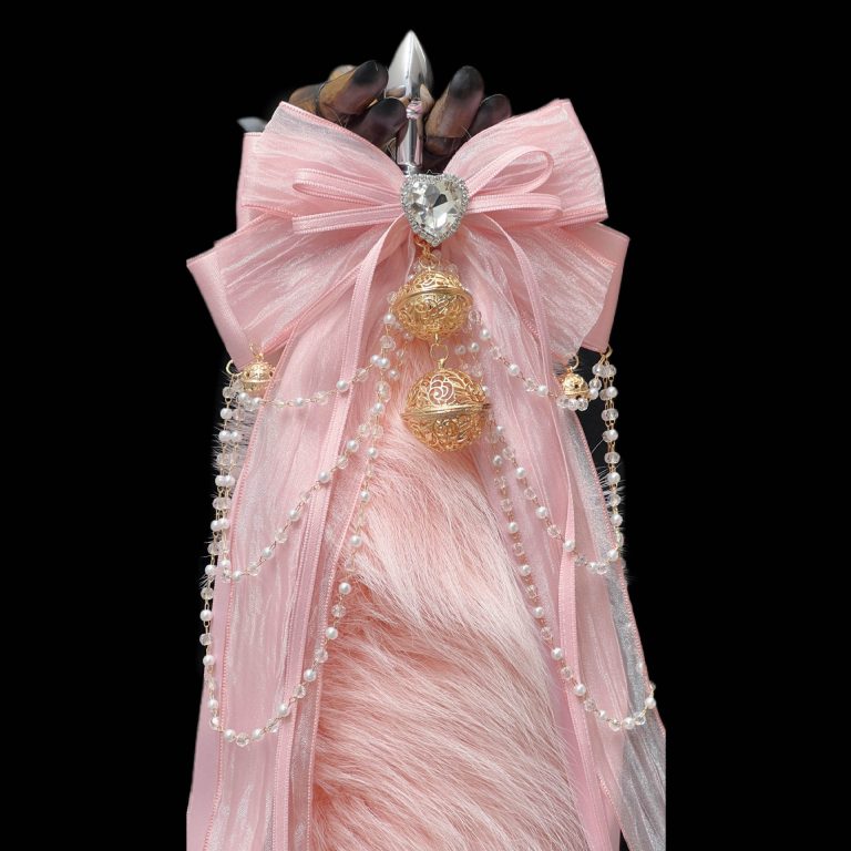 40CM peach powder fox real hair tail SM sex toys anal plug detachable hand made cute bow bell - Image 3