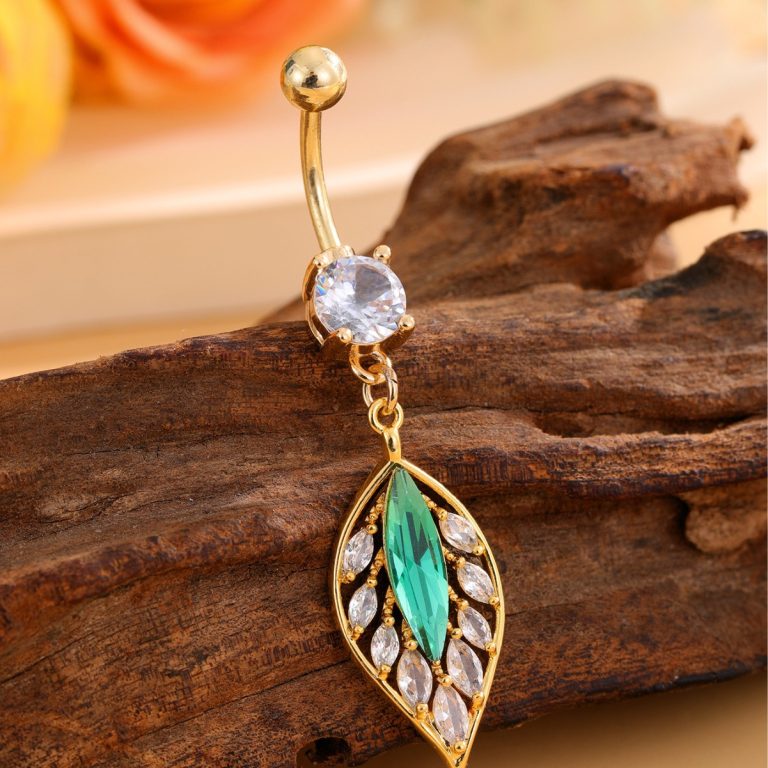 New Shining Zircon Green Leaf Navel Nail High Temperament Navel Jewelry Green Leaf Navel Nail Pack