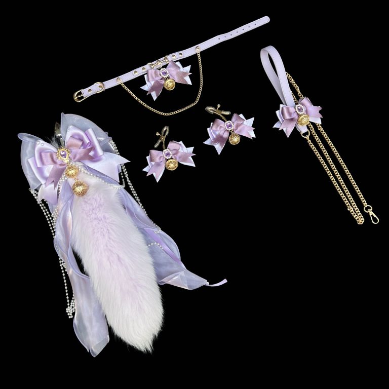 Wisteria Flower smsexy collar traction out training nipple clamp punishment 40CM purple fox tail butt plug