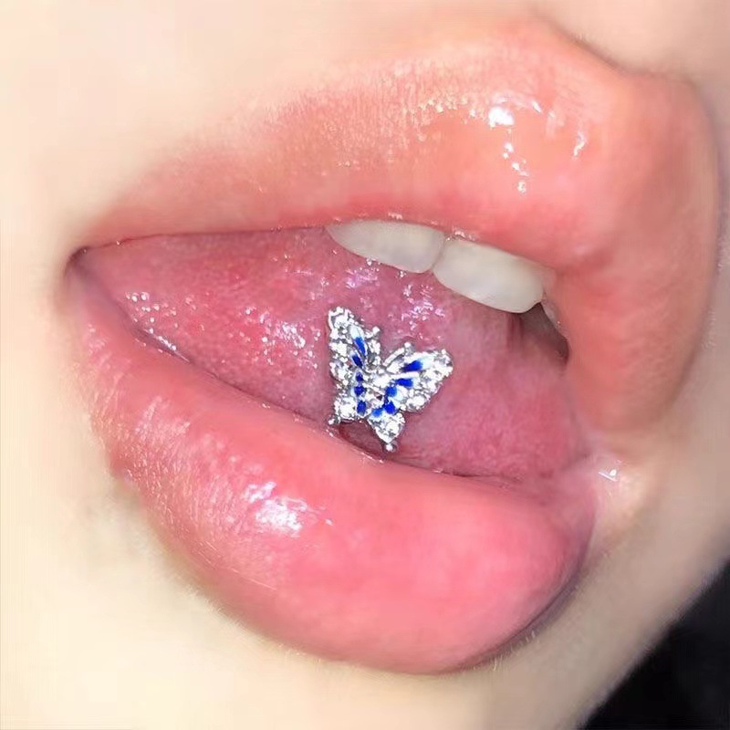 Oil drop butterfly tongue nail blue inlaid zircon stainless steel tongue decoration flash
