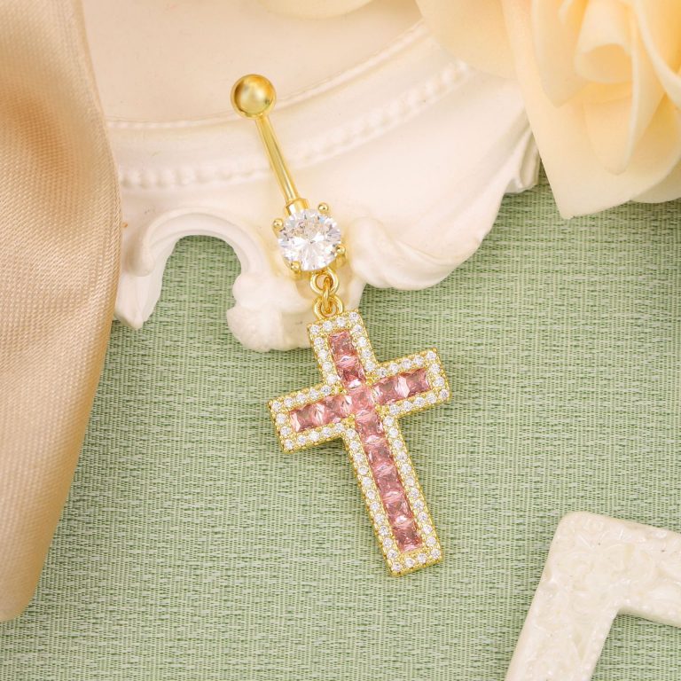 Amazon cross Diamond-embedded navel buckle body piercing pink copper zircon jewelry fashion personality navel nail - Image 3