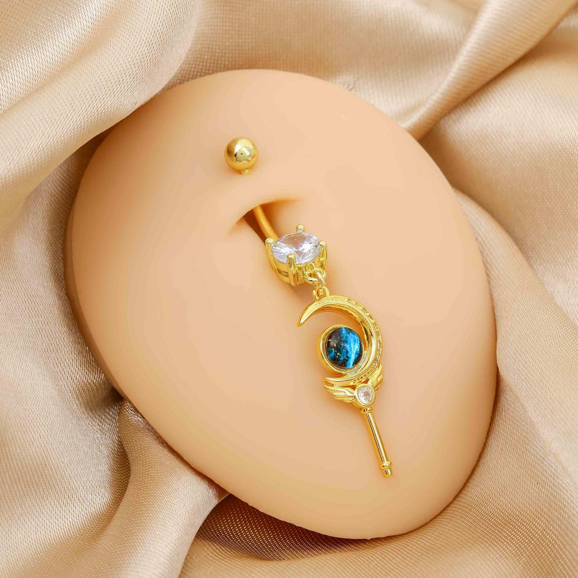 Copper white stone inlaid navel buckle creative Moon star design sense navel nail niche temperament High sense navel jewelry female wholesale - Image 3