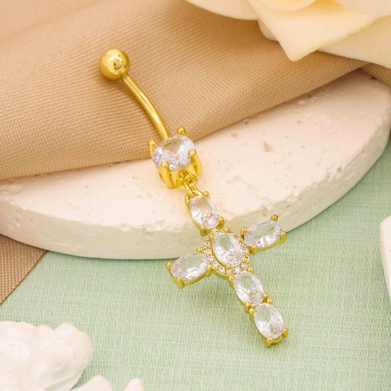 Amazon creative cross navel buckle personality copper zircon design Diamond-embedded navel ring High sense fashion all-match navel ornaments - Image 3