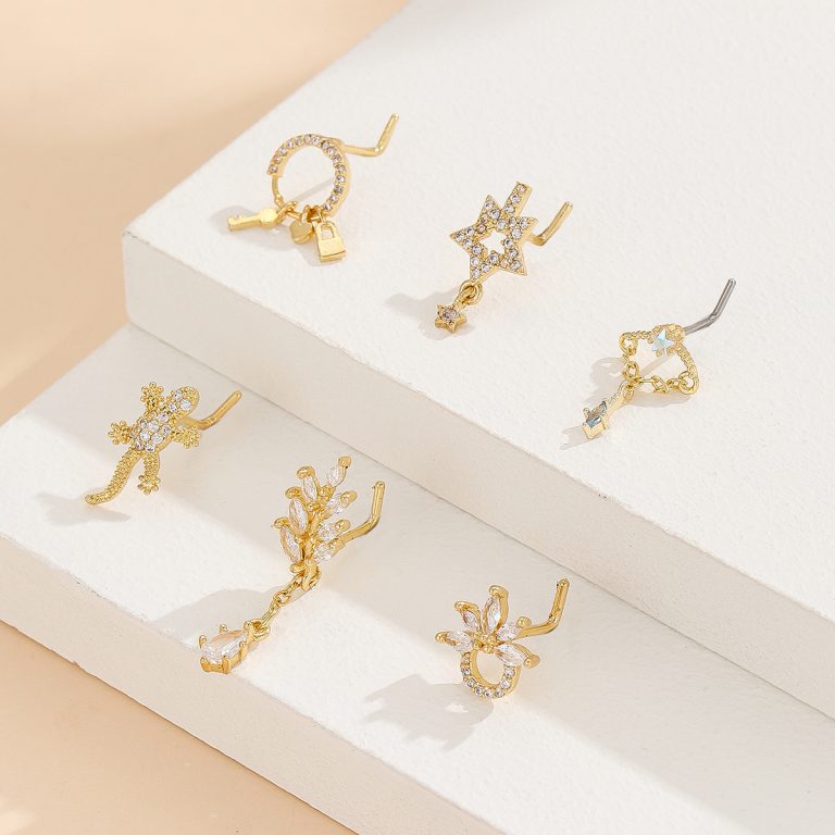 European and American fashion copper inlaid zircon body piercing nose star gecko nose nail - Image 3