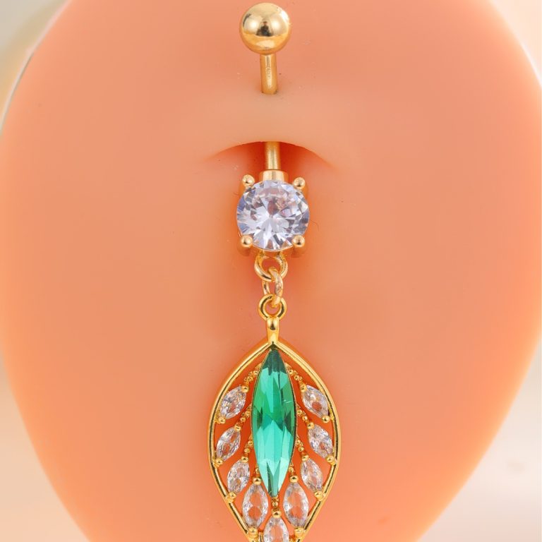 New Shining Zircon Green Leaf Navel Nail High Temperament Navel Jewelry Green Leaf Navel Nail Pack - Image 3
