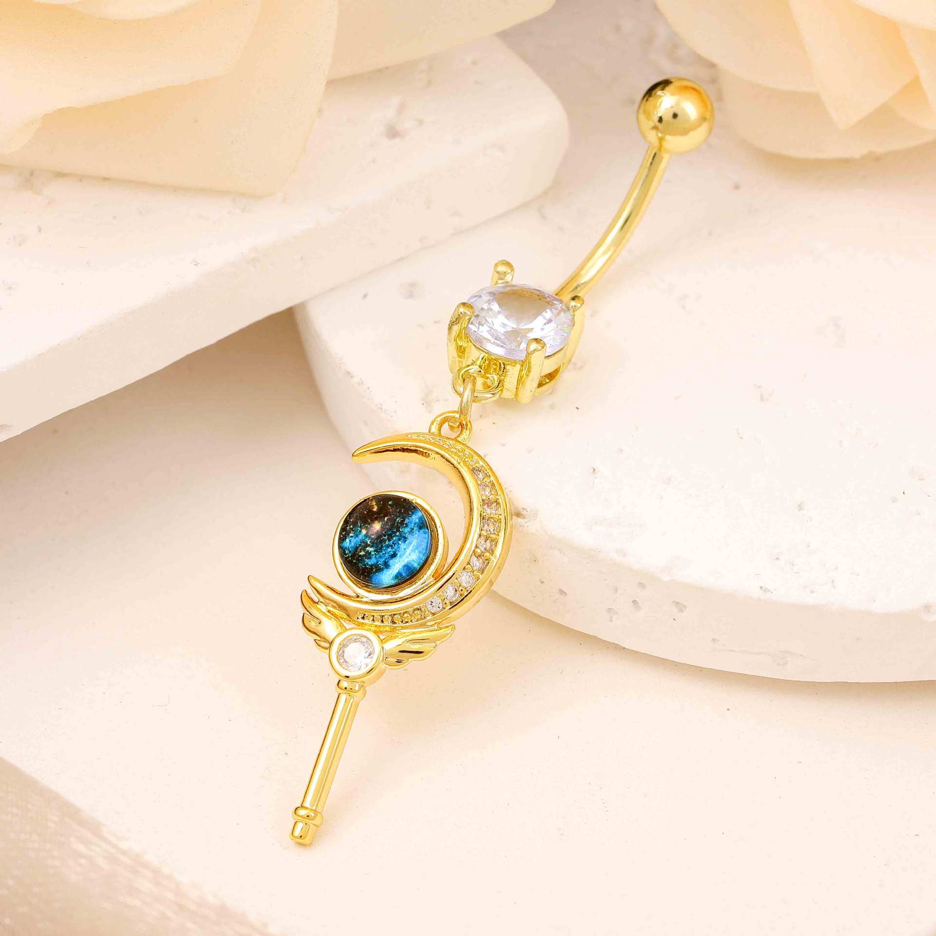 Copper white stone inlaid navel buckle creative Moon star design sense navel nail niche temperament High sense navel jewelry female wholesale - Image 4
