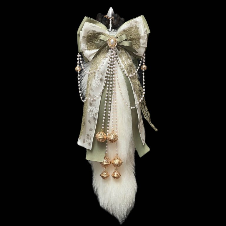 Original hand-made vintage matcha green bow palace bell ring 40CM fox tail real hair SM sex toys anal plug - Image 6