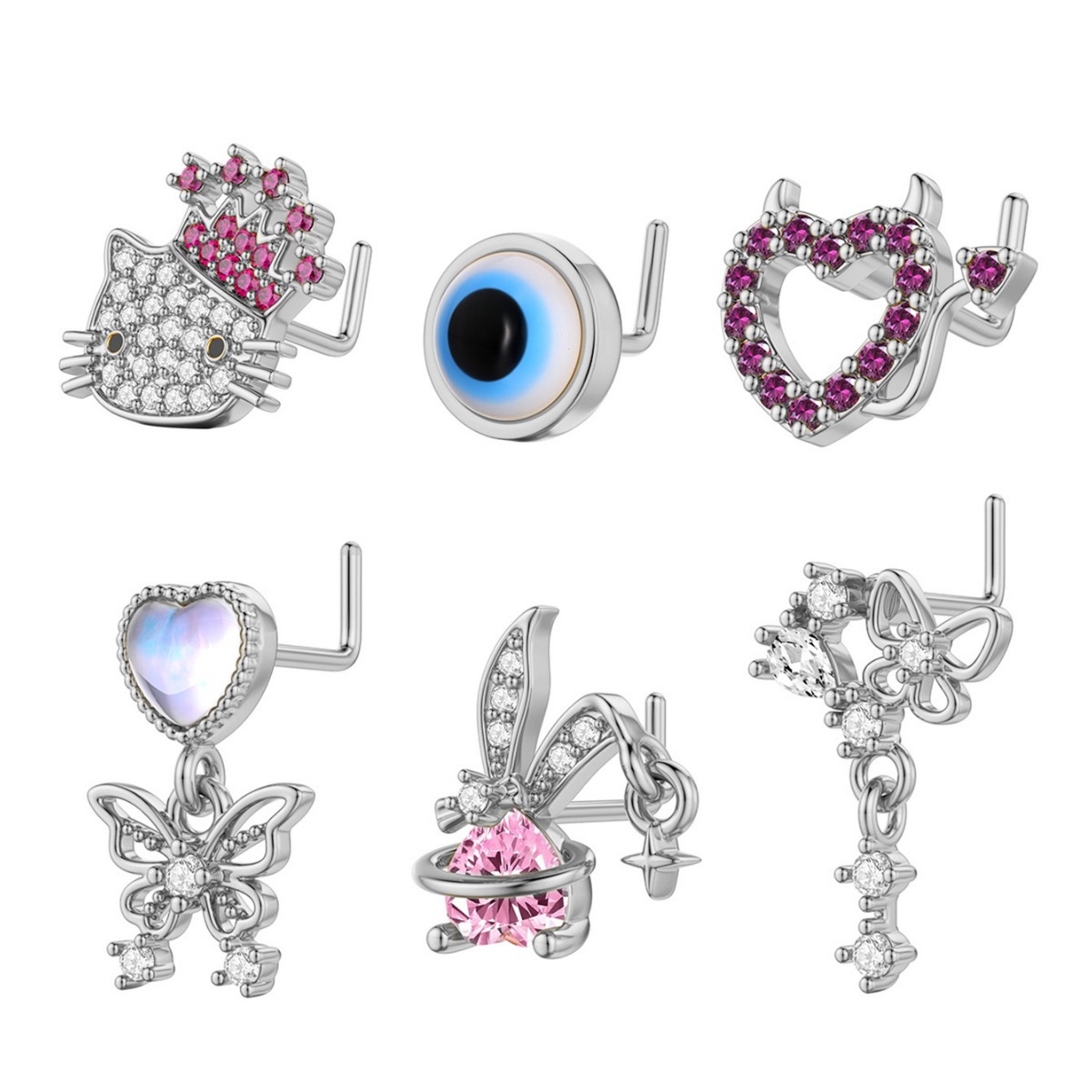 Cross-border new cat rabbit butterfly love eyes copper set zircon nose nail piercing jewelry factory direct wholesale - Image 5