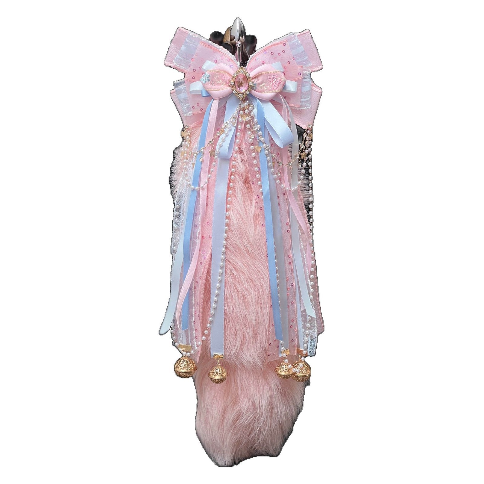 Original Hand-made Guofeng Bow Palace Bell 40CM Pink Fox Real Hair Tail SM Sexy Anal Plug Removable - Image 5