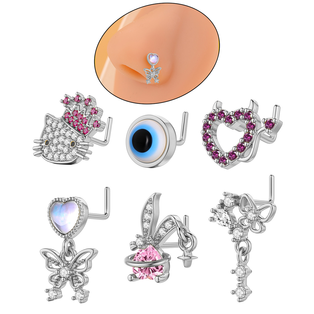 Cross-border new cat rabbit butterfly love eyes copper set zircon nose nail piercing jewelry factory direct wholesale