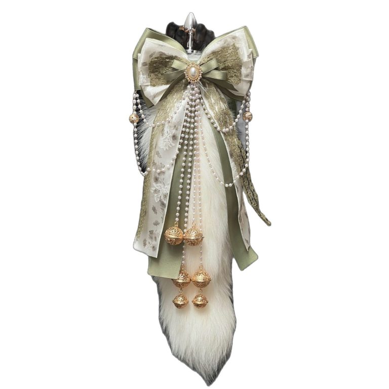 Original hand-made vintage matcha green bow palace bell ring 40CM fox tail real hair SM sex toys anal plug - Image 5