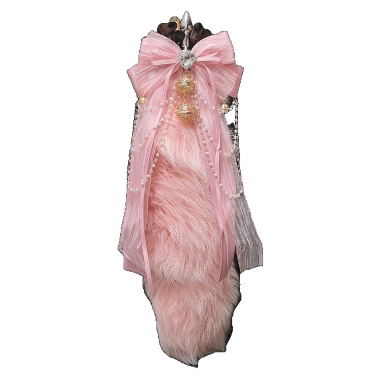 40CM peach powder fox real hair tail SM sex toys anal plug detachable hand made cute bow bell - Image 5