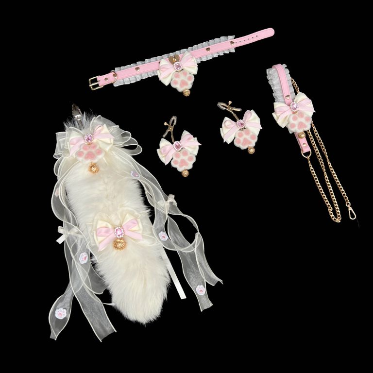 Cute Meow cute pink and white bow bell cat's paw SM sexy collar nipple clamp fox tail butt plug