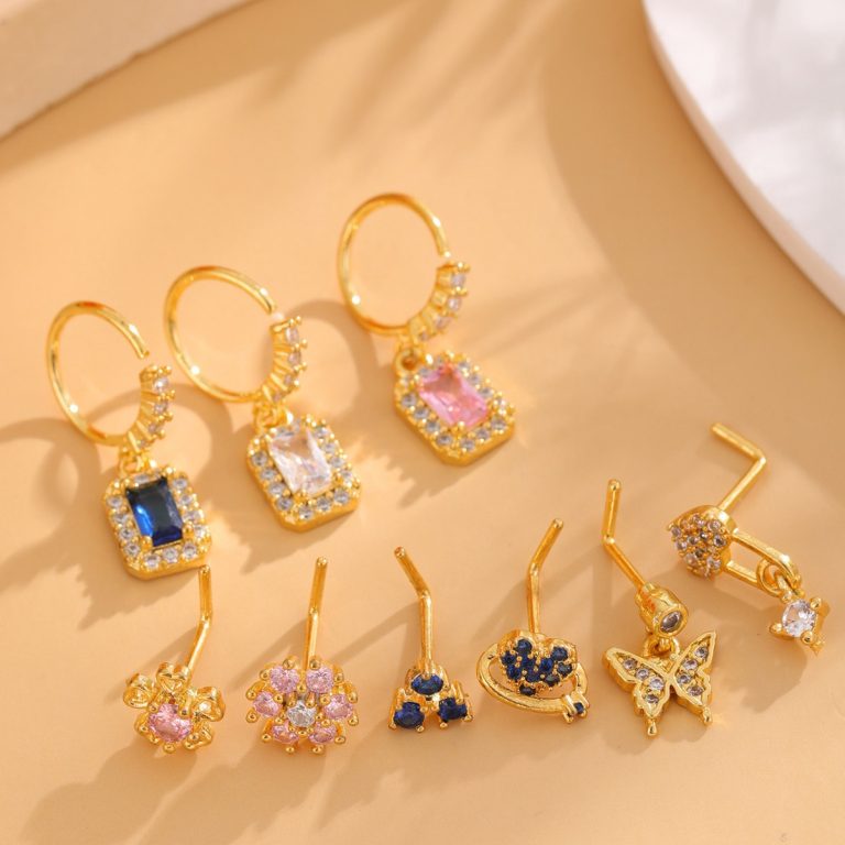 Cross-border fashion hot copper plated real gold inlaid zircon butterfly love nose nail nose ring puncture jewelry manufacturers direct supply