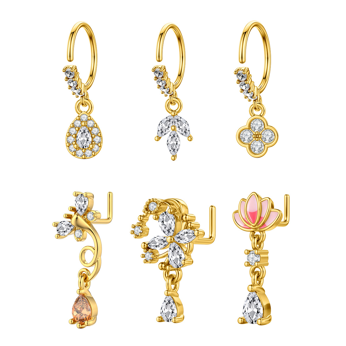 Cross-border new copper plated real gold inlaid zircon pendant nose nail nose ring jewelry manufacturers direct wholesale - Image 5