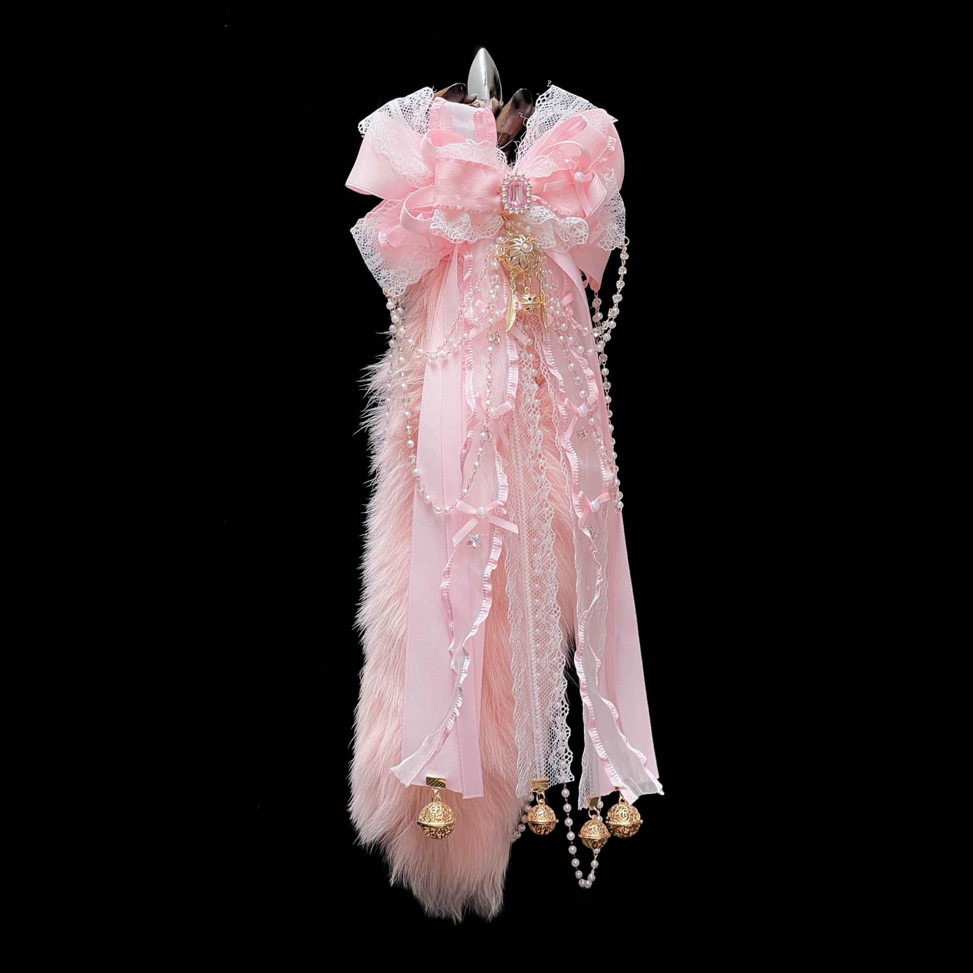 40CM flesh pink fox real wool tail butt plug smsex toys original handmade cute bow Palace Bell - Image 3