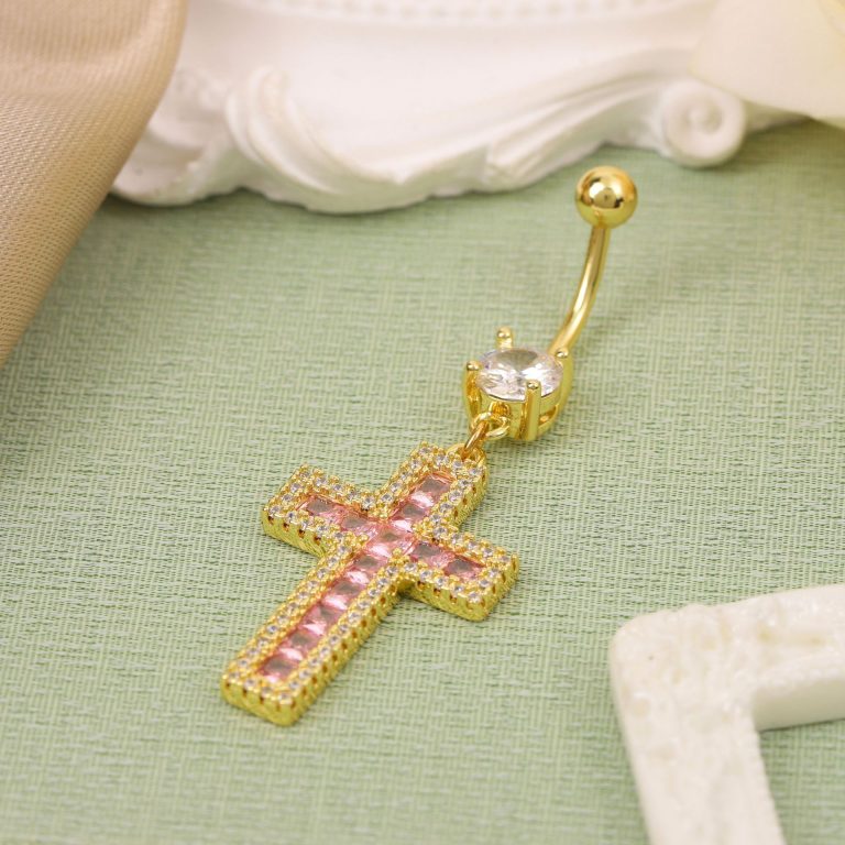Amazon cross Diamond-embedded navel buckle body piercing pink copper zircon jewelry fashion personality navel nail - Image 4