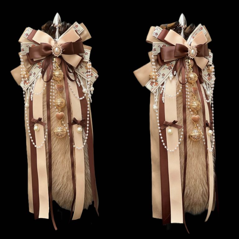 Caramel Macchiato 40CM Fox real wool tail butt plug smsex toys handmade bow Palace Bell