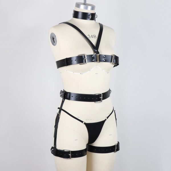 Adult sexy lingerie hot hollow PU suit sexy binding bound leather rope clothing uniform with collar underwear - Image 2