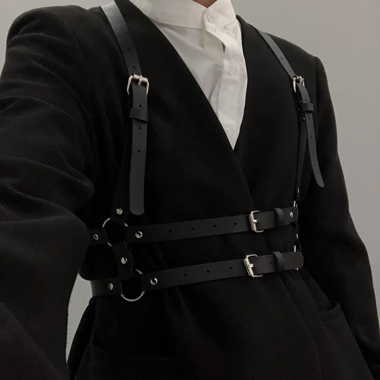 European and American Men's Strap T-shirt Shirt All-match Strap Leather Chest Strap Punk leather harness - Image 4