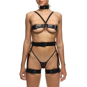 Adult sexy lingerie hot hollow PU suit sexy binding bound leather rope clothing uniform with collar underwear