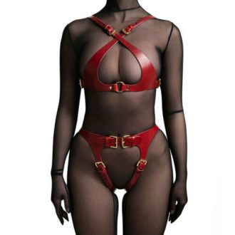 Adult sexy leather binding clothes sex open thong room fun training wear leather suit