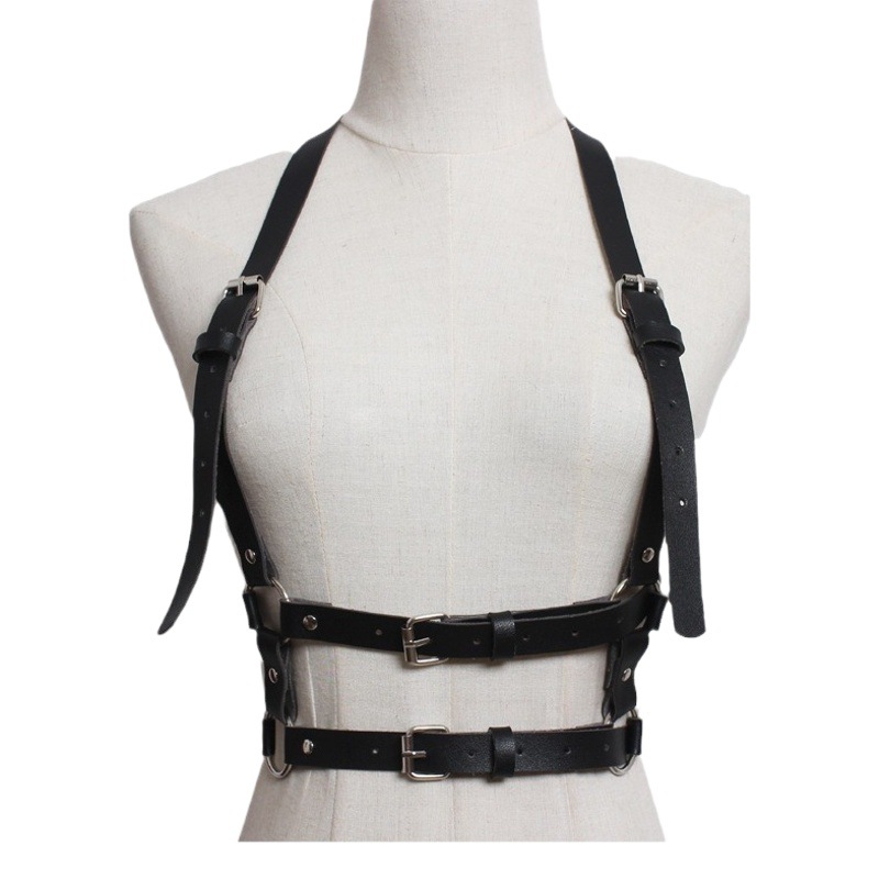 European and American Men's Strap T-shirt Shirt All-match Strap Leather Chest Strap Punk leather harness