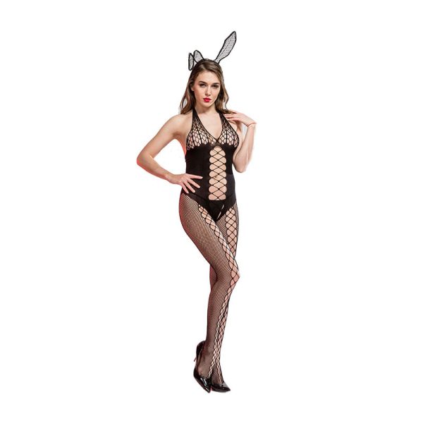 Explosive European and American Large Size Neck Hanging One-piece Sleepy Pajamas Temptation Open-file Ladies Role-playing One-piece Mesh Clothes - Image 2