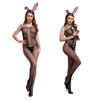European and American New Hot-selling Sexy Underwear Sexy Hollow Black Net Stockings Open-file Dew Temptation Women's Transparent One-piece Stockings
