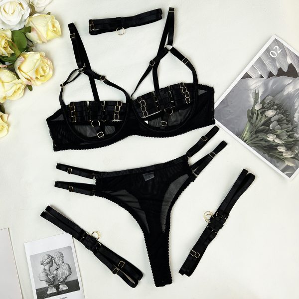 DIER European and American Explosive Fashion Stitching Strap Complex Heavy Craft Sexy Underwear 4-piece Set - Image 11
