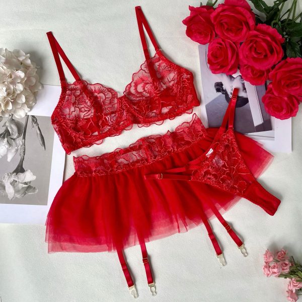 DIER Mesh Perspective Small Skirt Embroidered Bra Garter Belt Three-Piece Set lingerie - Image 6