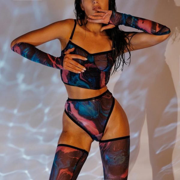 DIER New Product Tie-dye Sexy Lingerie 4-piece Short Vest Gloves Stockings Party Sexy Outer Wear Set - Image 4