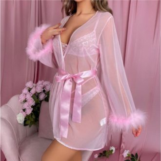 European and American style Christmas clothing lace perspective uniform coat bra sexy underwear three-piece robe