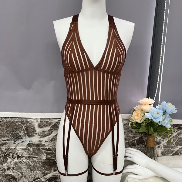 Explosions Women's Striped Backless See-through Mesh Stitching Body Shaping jumpsuit - Image 9