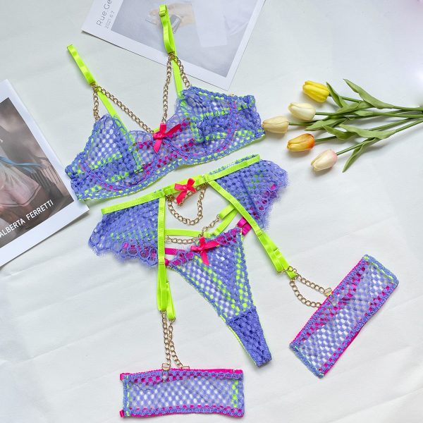 Deer  Explosions Heavy Industry Chain Color Matching Grid Sexy Breathable Slim Fit Strap Sexy Underwear 4-piece Set - Image 7