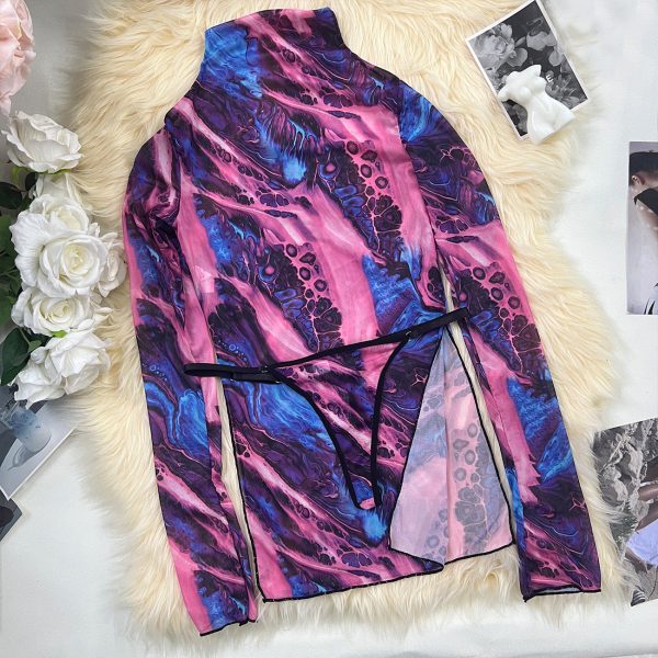 DIER European and American  New Sexy Sexy High-neck Long-sleeved Mesh Tie-dye Dress Wholesale - Image 6