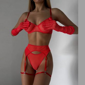 DIER European and American Sexy Underwear Kit with Gloves Red Lover Mesh Underwear Transparent Set